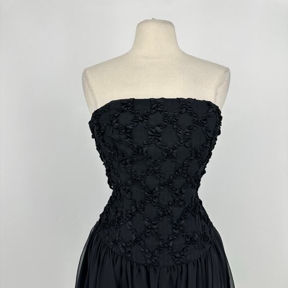Vintage 80s Midnight Glo Strapless Corset Dress S Black Chiffon Prom Fairy Goth - Picture 2 of 13